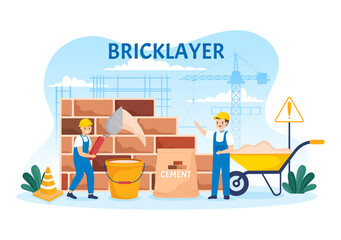 Fototapeta premium Bricklayer Worker Illustration with People Construction and Laying Bricks for Building a Wall in Flat Cartoon Hand Drawn Landing Page Templates