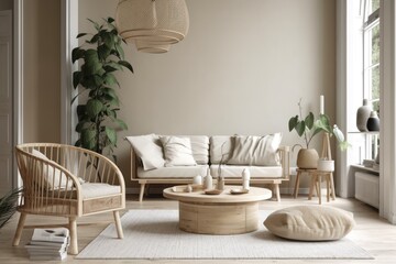 Scandinavian living room with rattan table, white couch, and beige backdrop. Basic interior,. Generative AI
