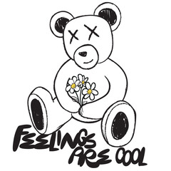 teddy bear with flowers, illustration of a bear, vector graphic design for t-shirt