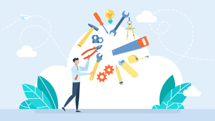 Mechanic juggles tools for repair. The master has a perfect command of the technique. Businessman uses different tools. Engineer juggling using tools. Management concept. Flat vector illustration