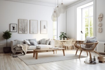 Naklejka na ściany i meble cozy living room with natural light pouring in through a large window. Generative AI