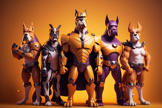 Gang of dog as superheroes with cape on orange background. Created Generative Ai
