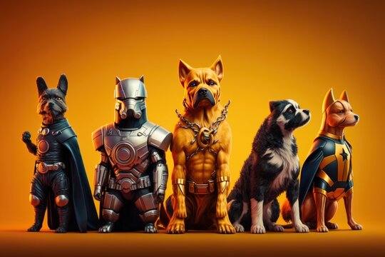 Gang of dog as superheroes with cape on orange background. Created Generative Ai