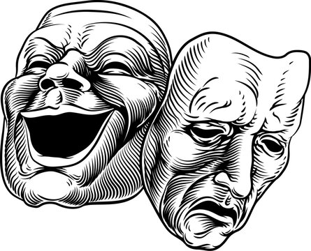 Theater or theatre drama comedy and tragedy masks in a vintage woodcut etching style