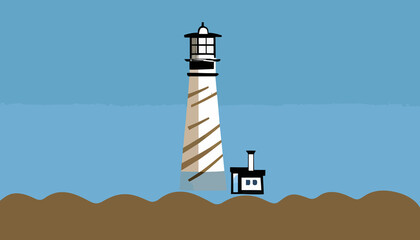 A simple lighthouse. Neutral background. Space for text. Vector style.