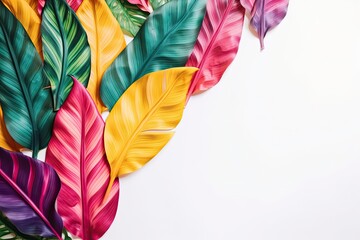 exotic summer ideas Arrangement of colorful tropical leaves on white background with copy space