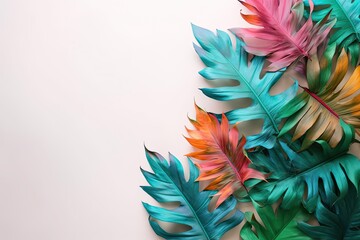 exotic summer ideas Arrangement of colorful tropical leaves on white background with copy space