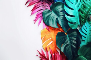 exotic summer ideas Arrangement of colorful tropical leaves on white background with copy space
