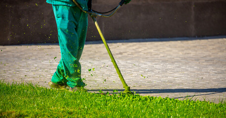 A worker mows the lawn with a manual lawn mower on the streets of the city. Mowing garden meadow lawn. Summer work in the garden.
