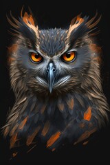 Beautiful owl with orange eyes on a black background. Generative AI
