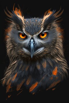 Beautiful owl with orange eyes on a black background. Generative AI