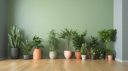 Fototapeta premium Potted plants decorate the empty living room. Generative AI