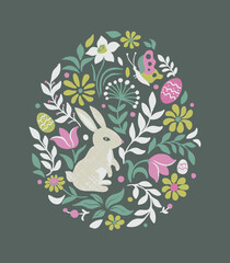 Easter rabbit spring greeting card. Floral green background. Vector illustration