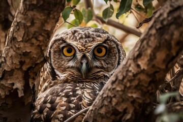 A spotted owl peeking out from under tree branches. Generative AI