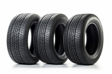 A set of four black car tires with a plain white background, showcasing their distinct grooves