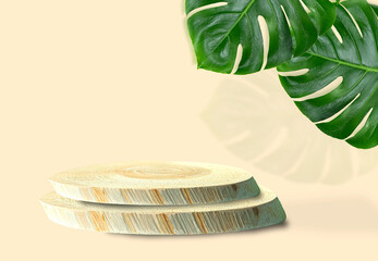 Wooden podium made of natural wood with monstera leaves on a light beige background. Presentation of eco-products, layout