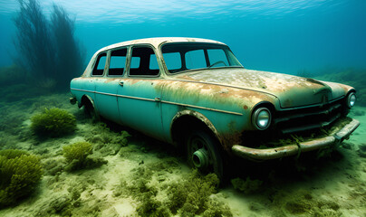 Obraz na płótnie Canvas Old abandoned car in the sea. Generative Ai