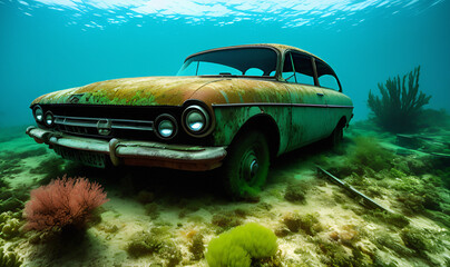 Old abandoned car in the sea. Generative AI