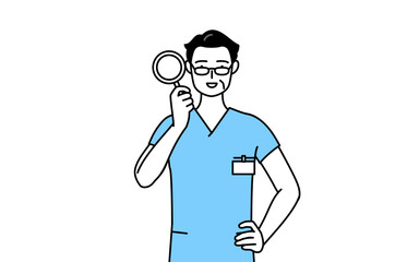 虫メガネをのぞく中年・シニア男性看護師、理学療法士、作業療法士、言語聴覚士、看護助手