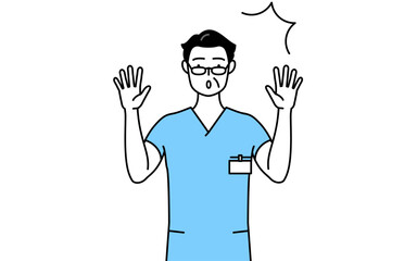 驚いて手を上げる中年・シニア男性看護師、理学療法士、作業療法士、言語聴覚士、看護助手