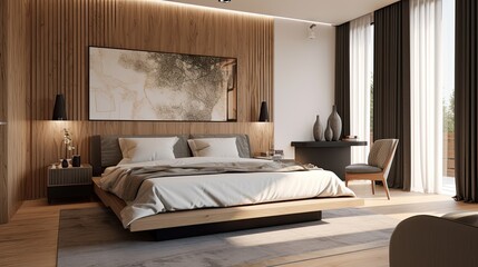 Fototapeta na wymiar Modern bedroom interior with cement wall, minimalist style, Generative AI