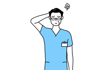 困って頭をかく中年・シニア男性看護師、理学療法士、作業療法士、言語聴覚士、看護助手