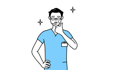 自信家のポーズを取る中年・シニア男性看護師、理学療法士、作業療法士、言語聴覚士、看護助手