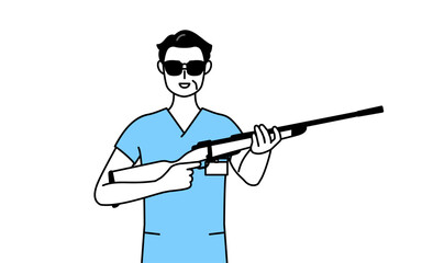 サングラスをかけてライフル銃を持つ中年・シニア男性看護師、理学療法士、作業療法士、言語聴覚士、看護助手