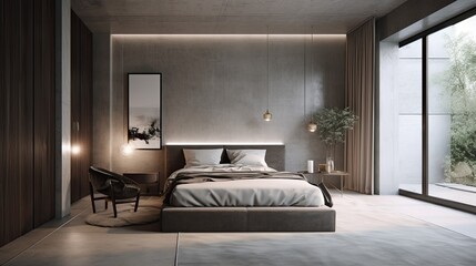 Modern bedroom interior with cement wall, minimalist style, Generative AI