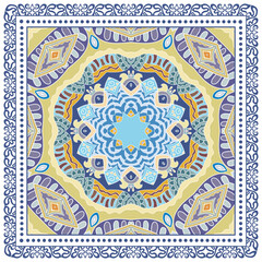 Decorative doodle ornament, symmetric pattern with lace frame. Tribal ethnic mandala decor. Bandana shawl, hijab, tablecloth fabric print, silk neck scarf, kerchief design. Colorful vector background