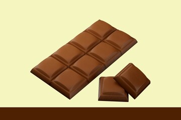 3D rendering of a milk chocolate bar and cubes on a yellow background