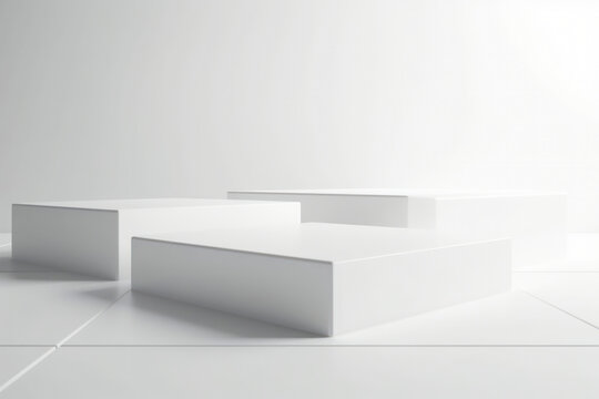 White square podium on white background. Showcase for cosmetic products, goods, shoes, bags, watches. Generative AI.