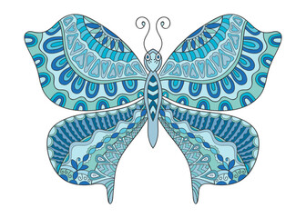 Decorative ornate butterfly, cartoon character. Doodle insect with ornate wings. Hand drawn ornament, floral geometric pattern. Isolated design element on white background