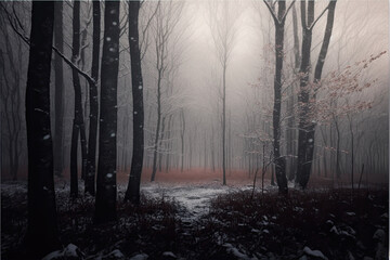 Dense fog in cold winter forest without leaves and white snow on trees bark AI generated