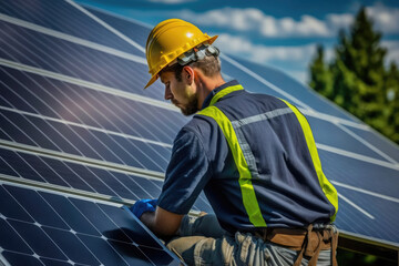 Fototapeta premium AI generated engineer man working with solar panels wind power turbines against blue sky background