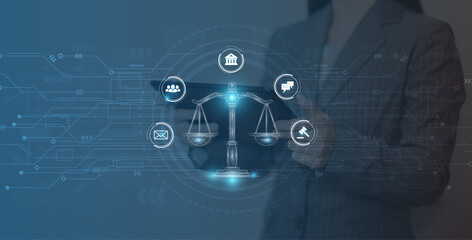 Internet law concept.Cyber Law as digital legal services Labor law, Lawyer, on Dark Blue blurred background.	