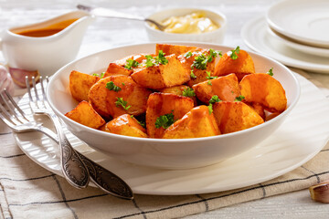 patatas bravas, deep fried potatoes with sauce