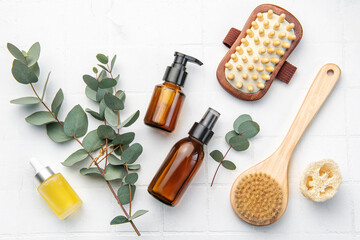 Spa treatment concept. natural spa cosmetics products with eucalyptus oil,, massage brush,...