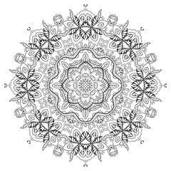 Mandala isolated design element, geometric line pattern. Stylized floral round ornament. Zen doodle art, monochrome sketch for coloring book page, textile fabric print. Black and white illustration