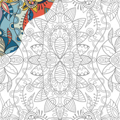 Decorative doodle pattern for coloring book. Hand drawn fantasy line art, floral geometric ornament for painting, coloring page. Tribal ethnic decoration. Black and white with sample of colors