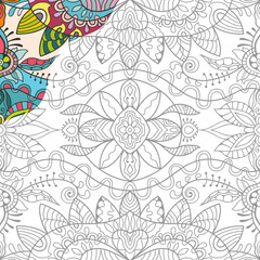 Decorative doodle pattern for coloring book. Hand drawn fantasy line art, floral geometric ornament for painting, coloring page. Tribal ethnic decoration. Black and white with sample of colors
