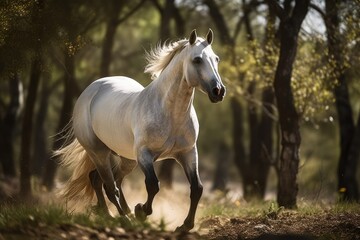 Purebred A Spanish horse trots on a shaded field with a sunlit woodland in the backdrop. Generative AI