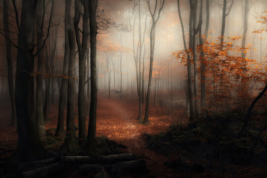 Dense fog in autumn forest with yellow leaves and green moss on tree bark AI generated
