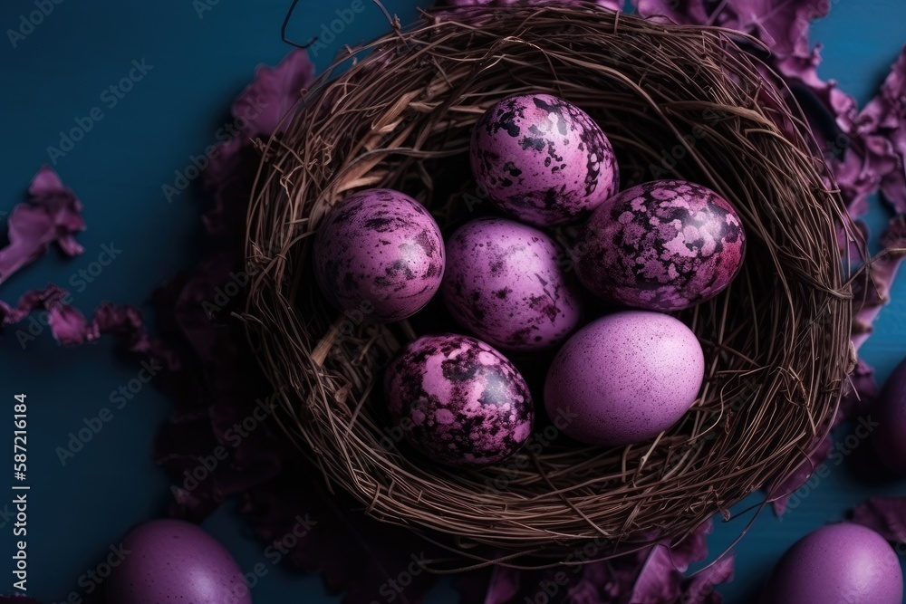 Canvas Prints nest with purple eggs on a bed of purple leaves. Generative AI