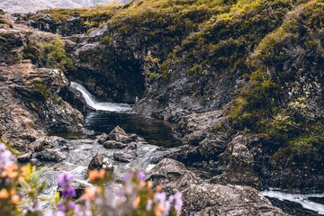 Obraz premium Selective focus of pool the waterfall between rocks covered by grass in the Isle of Skye, Scotland