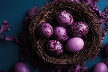 Naklejka na ściany i meble nest with purple eggs on a bed of purple leaves. Generative AI