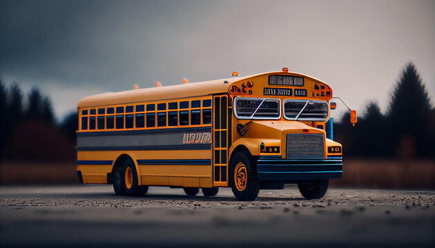 School bus driving on the country road, going to school, beautiful sunny day, 3d rendering, 3d illustration