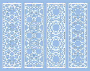 Decorative geometric line borders with repeating texture. Tribal ethnic arabic, indian, turkish ornament, bookmarks templates set. Isolated design elements. Stylized lace patterns collection