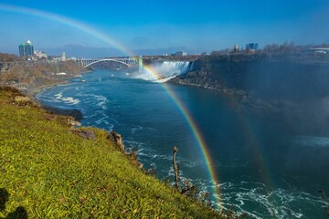 Aerial shot of Niagara Falls and a rainbow above it under the blue sky, Canada