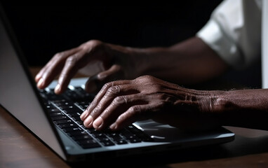 Fototapeta na wymiar Black senior older hands using laptop. Generative AI